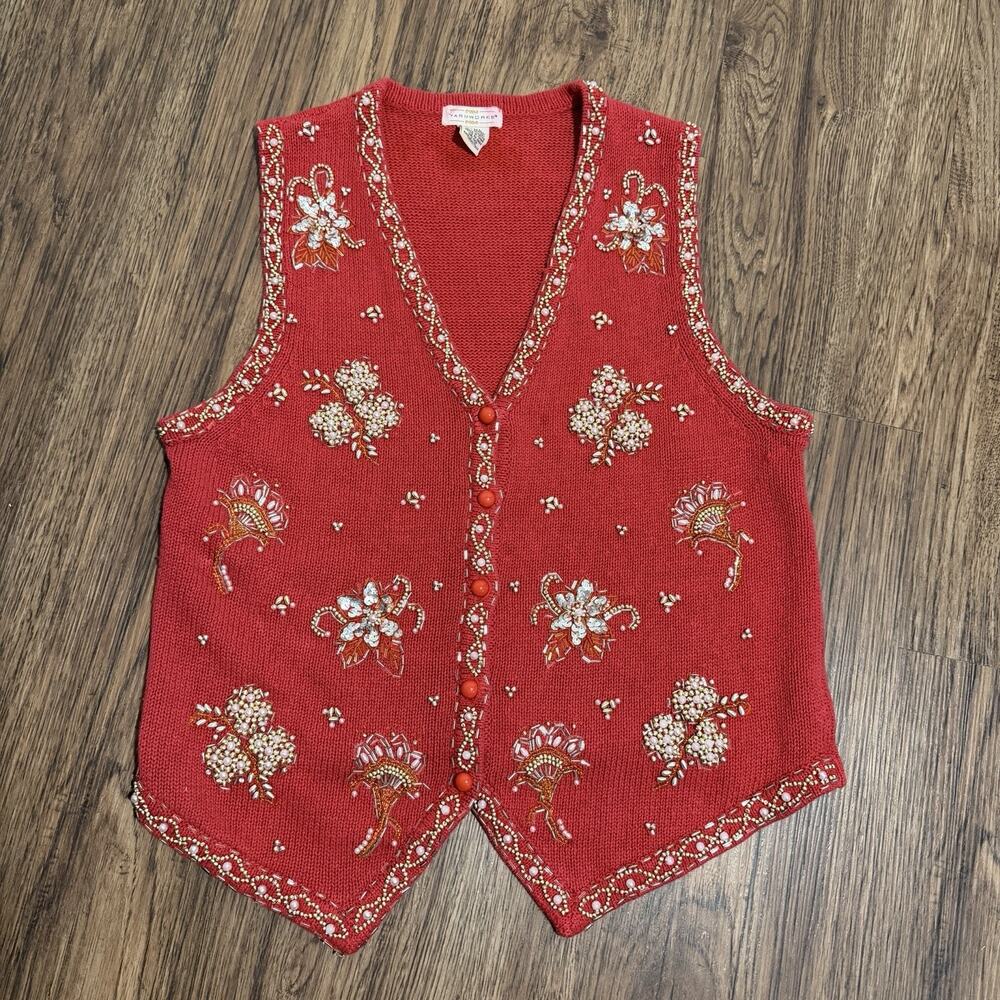 Vintage Red Beaded Knit Vest Womens S Holiday Gold Sparkle Party Retro Sparkle